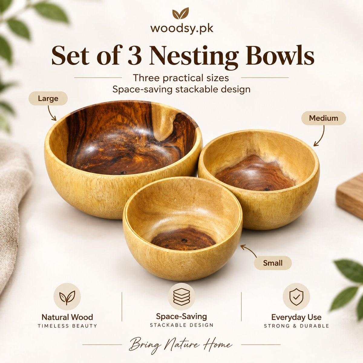 Sheesham Wood Nesting Bowl Set – Pack of 3 | Single-Piece Solid Wood, No Joint Construction