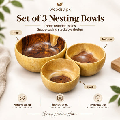 Sheesham Wood Nesting Bowl Set – Pack of 3 | Single-Piece Solid Wood, No Joint Construction