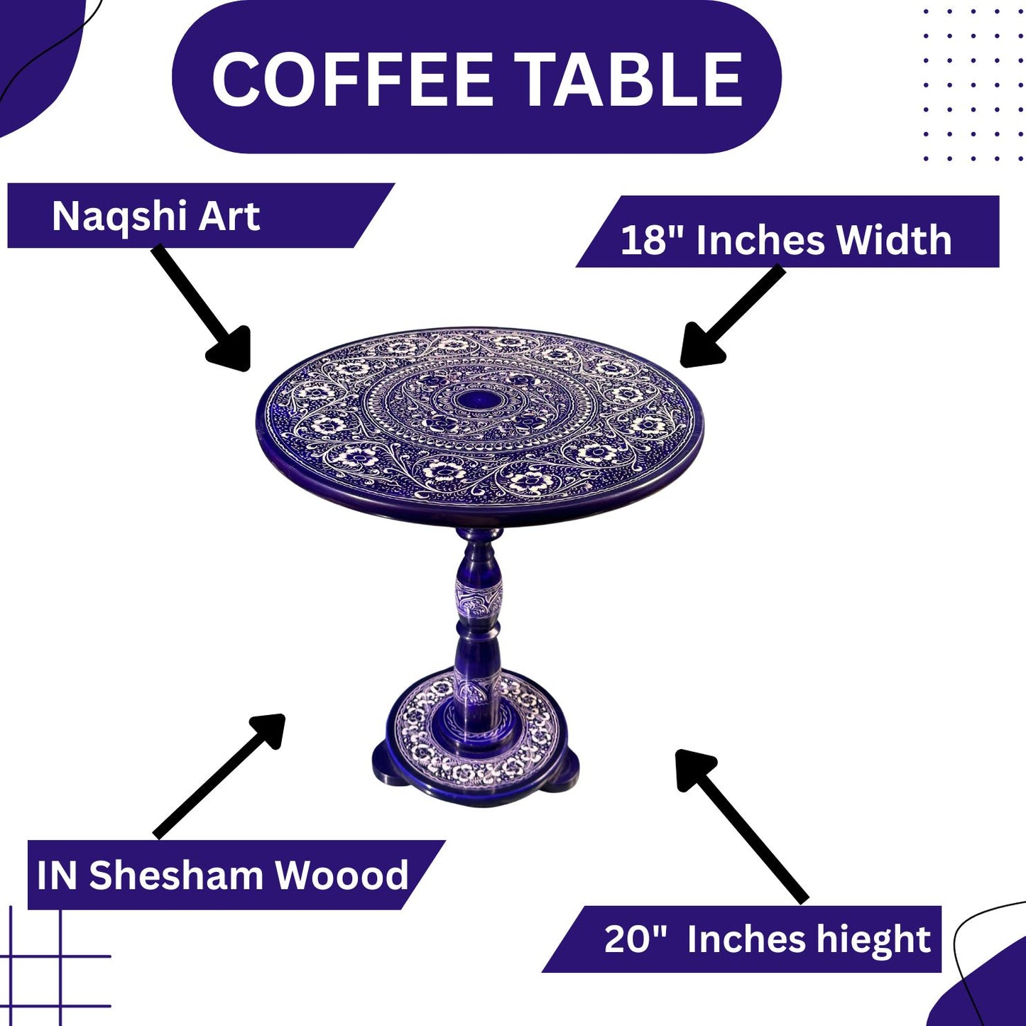 Elegant Blue & White Art Coffee Table – 18" Round Top, 20" Height | Handcrafted Lacquer Accent Table