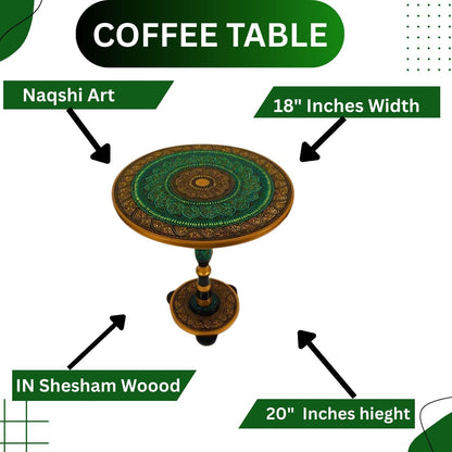 Green & Gold Art Coffee Table – 18" Round Handcrafted Table | Royal Lacquer Finish, 20" Height Accent Piece