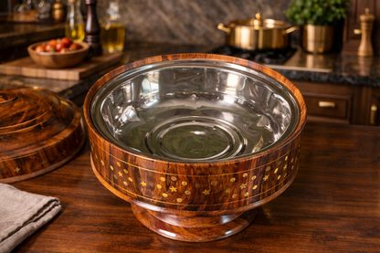 Premium Wooden Buffet Hotpot with Brass Work &  With Steel Bowl – Pure Shesham Wood | 12 Inches