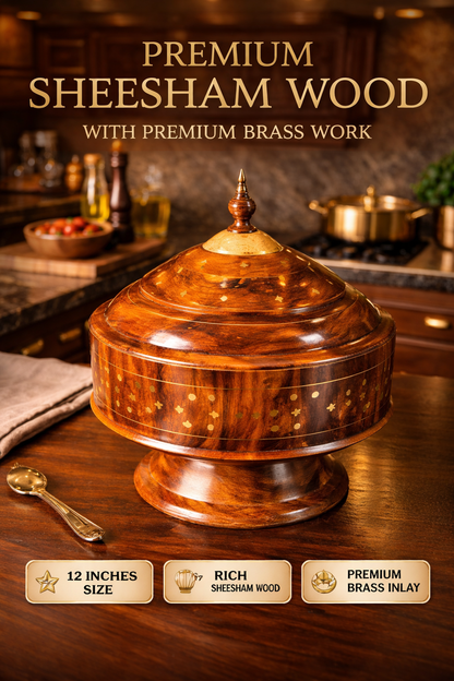 Premium Wooden Buffet Hotpot with Brass Work &  With Steel Bowl – Pure Shesham Wood | 12 Inches
