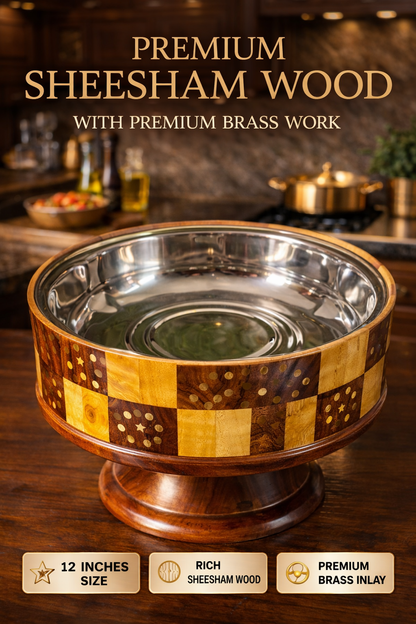 Wooden Buffet Hotpot – Shesham Wood with Brass Work & Tukri Style | 12 Inches