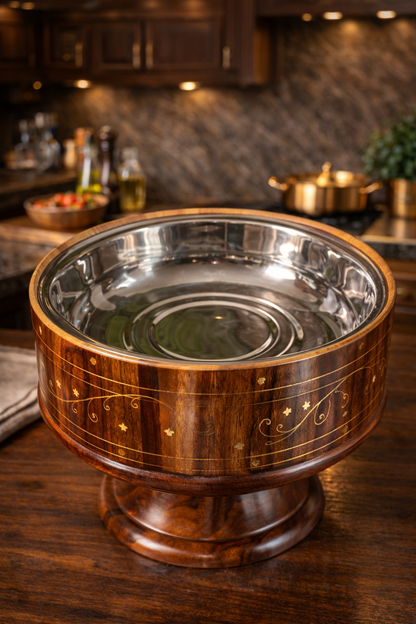 • Handcrafted Wooden Buffet Hotpot With Steel Bowl – Brass Work | Shesham Wood |12 Inches