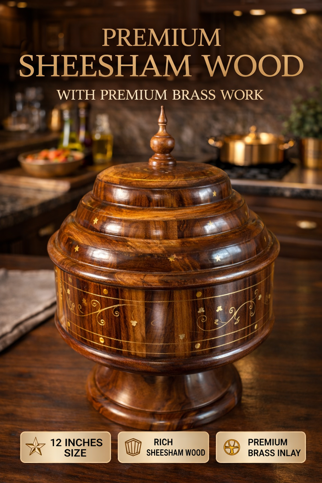 • Handcrafted Wooden Buffet Hotpot With Steel Bowl – Brass Work | Shesham Wood |12 Inches