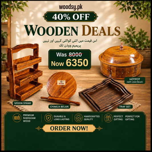 Woodsy Kitchen Combo Deal – Hotpot (Steel Bowl) + Tray Set + Chakla Belan + Spoon Stand | 40% OFF