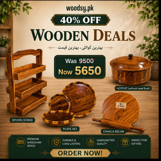 Woodsy Premium Kitchen Combo – Hotpot (Steel Bowl) + Spoon Stand + Plate Set + Chakla Belan | 40% OFF Deal