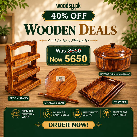 Woodsy Premium Kitchen Combo – Hotpot  + Tray Set + Spoon Stand + Chakla Belan | 40% OFF Deal