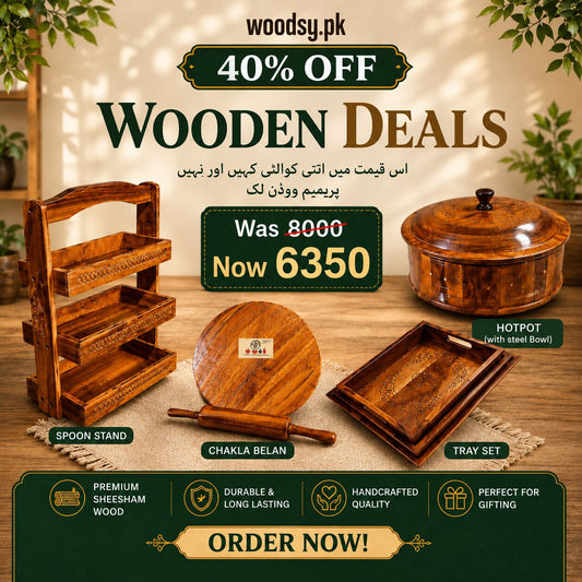 Woodsy Kitchen Combo Deal – Hotpot (Steel Bowl) + Tray Set + Chakla Belan + Spoon Stand | 40% OFF
