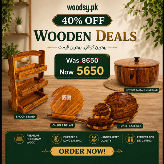 Woodsy Premium Kitchen Combo – Hotpot+ Tray Set + Tukri Plate Set + Chakla Belan | 40% OFF Deal
