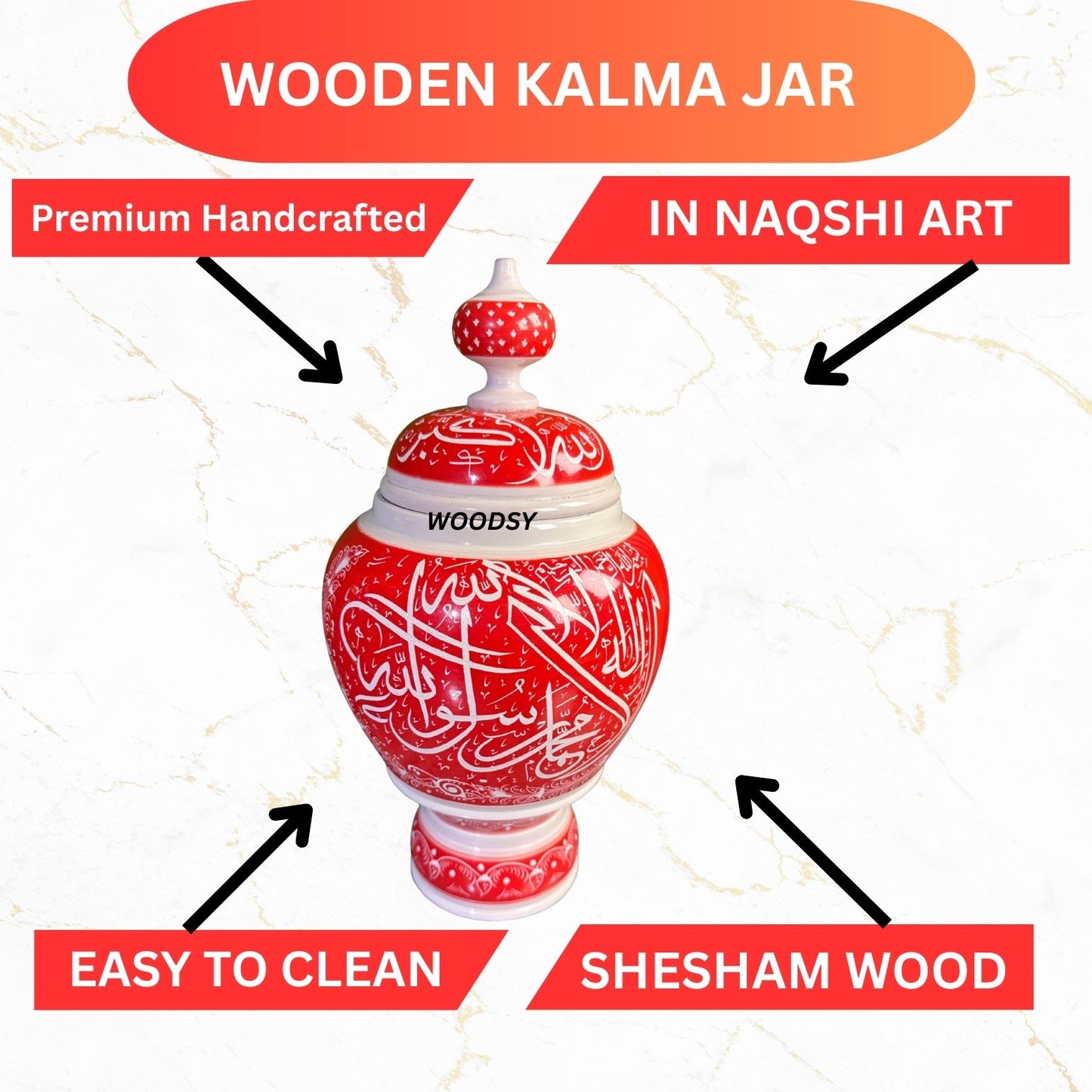 Wooden Kalma Jar – Red & White Naqshi Art in Sheesham Wood | Islamic Calligraphy Decor Piece