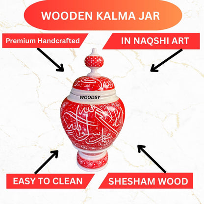 Wooden Kalma Jar – Red & White Naqshi Art in Sheesham Wood | Islamic Calligraphy Decor Piece