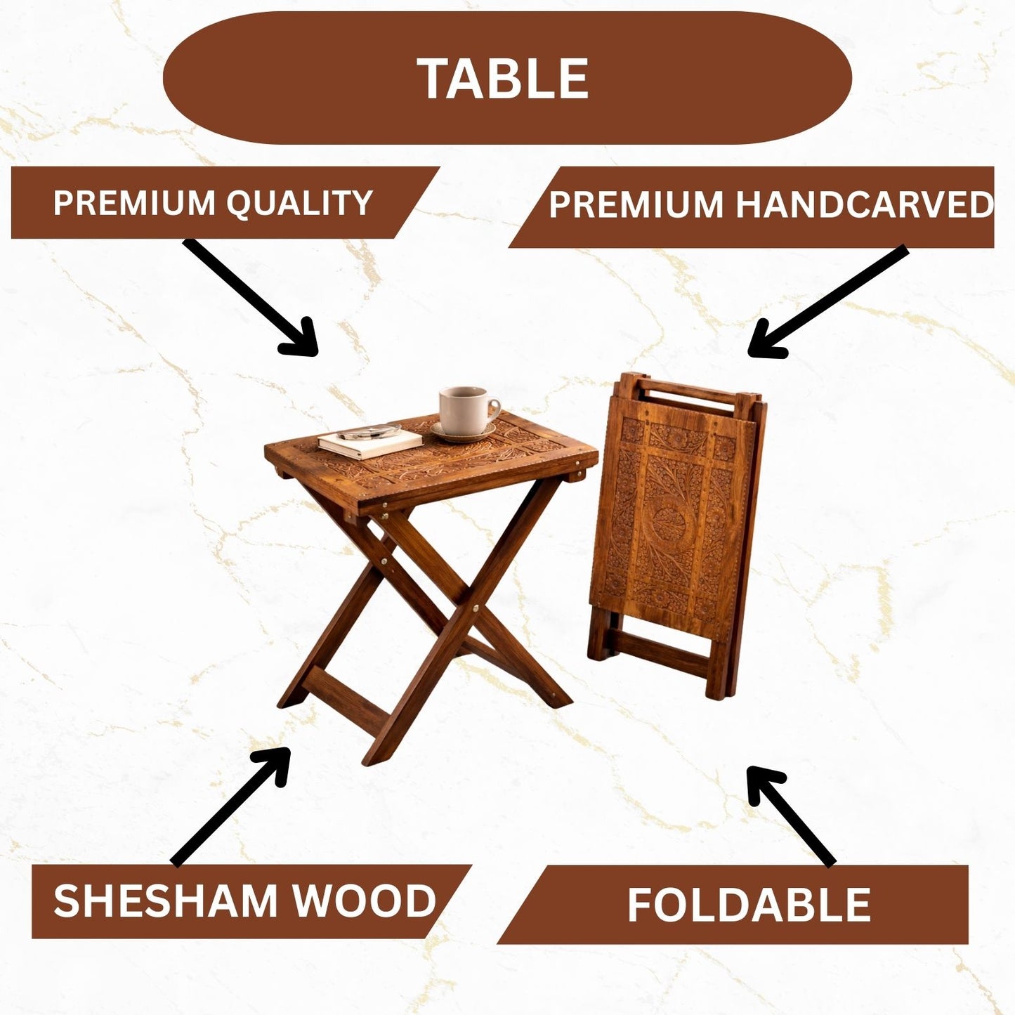 Hand-Carved Wooden Table – 12" x 18" Premium Solid Wood with Elegant Craftsmanship