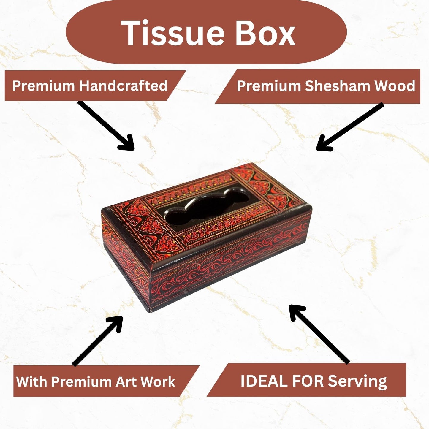 Handcrafted Wooden Tissue Box – Naqshi Art – Dark Red & Black – 6x11 inch