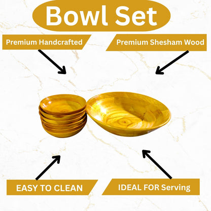 7-Piece Wooden Bowl Set – Handcrafted – Yellow Finish – 6 Small & 1 Large Bowl