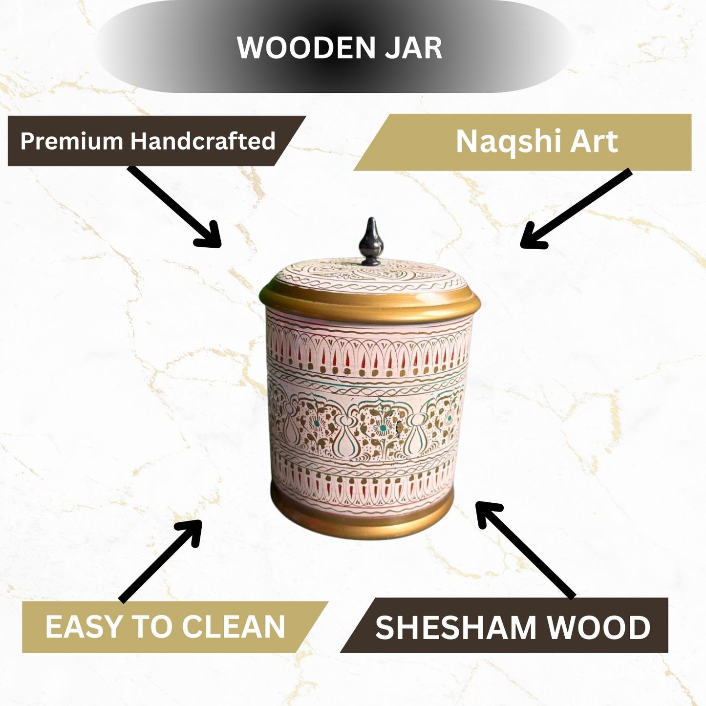 Handcrafted 9-Inch Sheesham Wood Candy Jar – Round Shape with White & Golden Naqshi Art