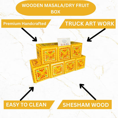 Hand-Painted Yellow Wooden Spice Box – 7 Portion Truck Art Design | Sheesham Wood Kitchen Organizer
