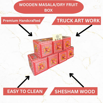 Hand-Painted Red Wooden Spice Box – 7 Portion Truck Art Design | Sheesham Wood Kitchen Organizer