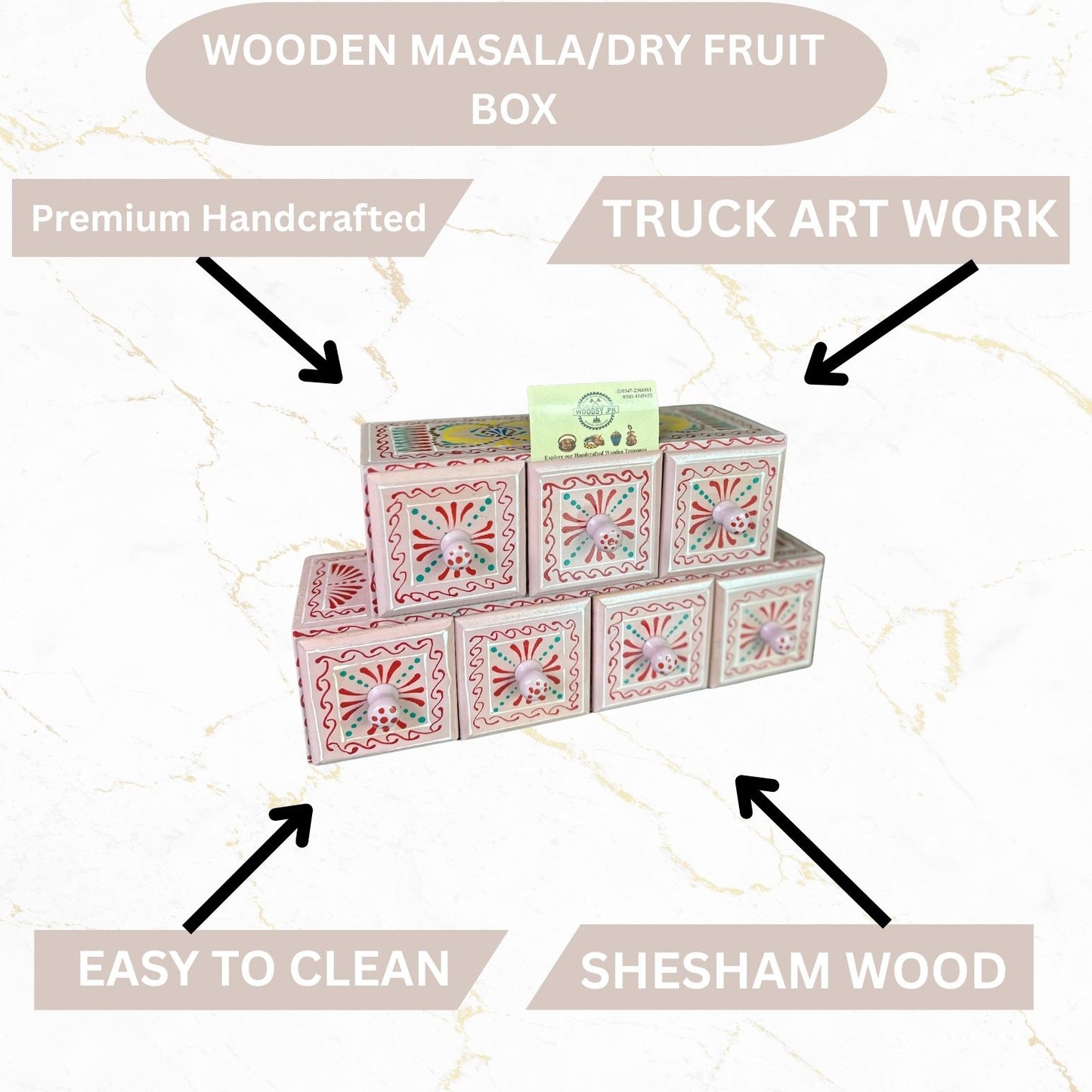 Hand-Painted Tea Pink Wooden Spice Box – 7 Portion Truck Art Design | Sheesham Wood Kitchen Organizer