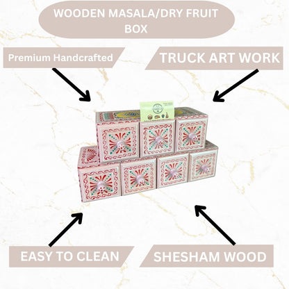 Hand-Painted Tea Pink Wooden Spice Box – 7 Portion Truck Art Design | Sheesham Wood Kitchen Organizer