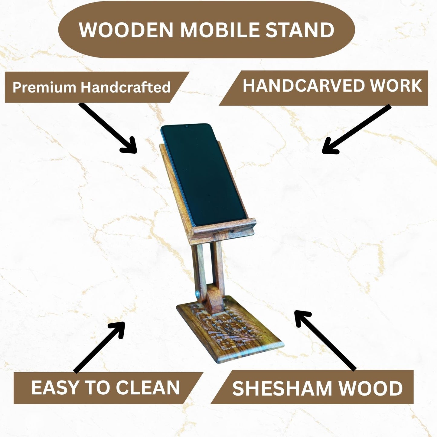 Handcrafted Sheesham Wood Mobile Stand – Elegant Handcarved Design for Desk & Home