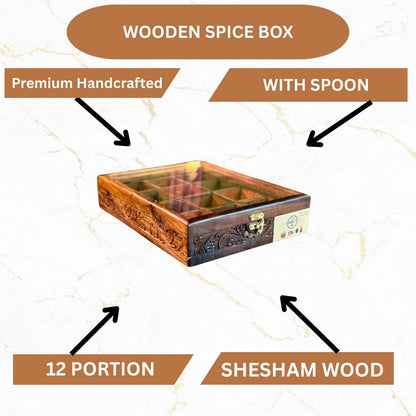 Premium Sheesham Wood Spice Box – 12 Portion Handcarved Design with Spoon & Non-Breakable Glass Lid
