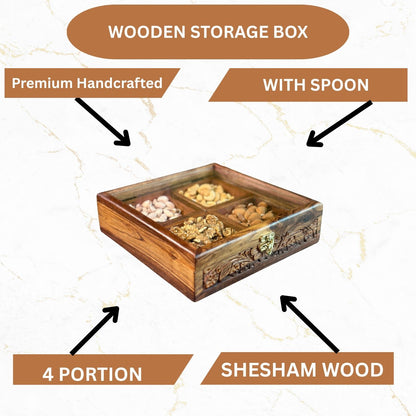 Wooden Storage Box in Pure Sheesham Wood – 4 Portion Dry Fruit & Spice Box with Spoon & Non-Breakable Glass Lid