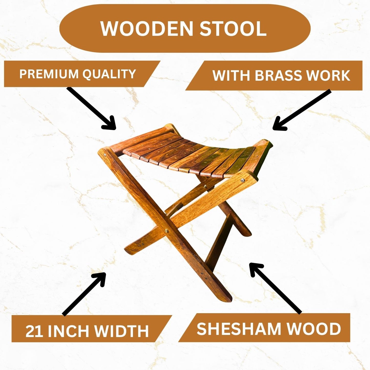 Handmade Foldable Wooden Stool with Premium Brass Work – Pure Sheesham Wood | 20” Height × 21” Length × 12” Width
