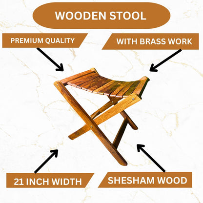 Handmade Foldable Wooden Stool with Premium Brass Work – Pure Sheesham Wood | 20” Height × 21” Length × 12” Width