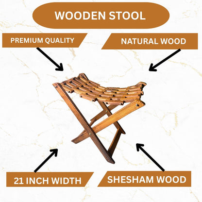 Handmade Foldable Wooden Tukri Shape Stool with Brass Work – Pure Sheesham Wood | 20” Height x 21” Length x 12” Width