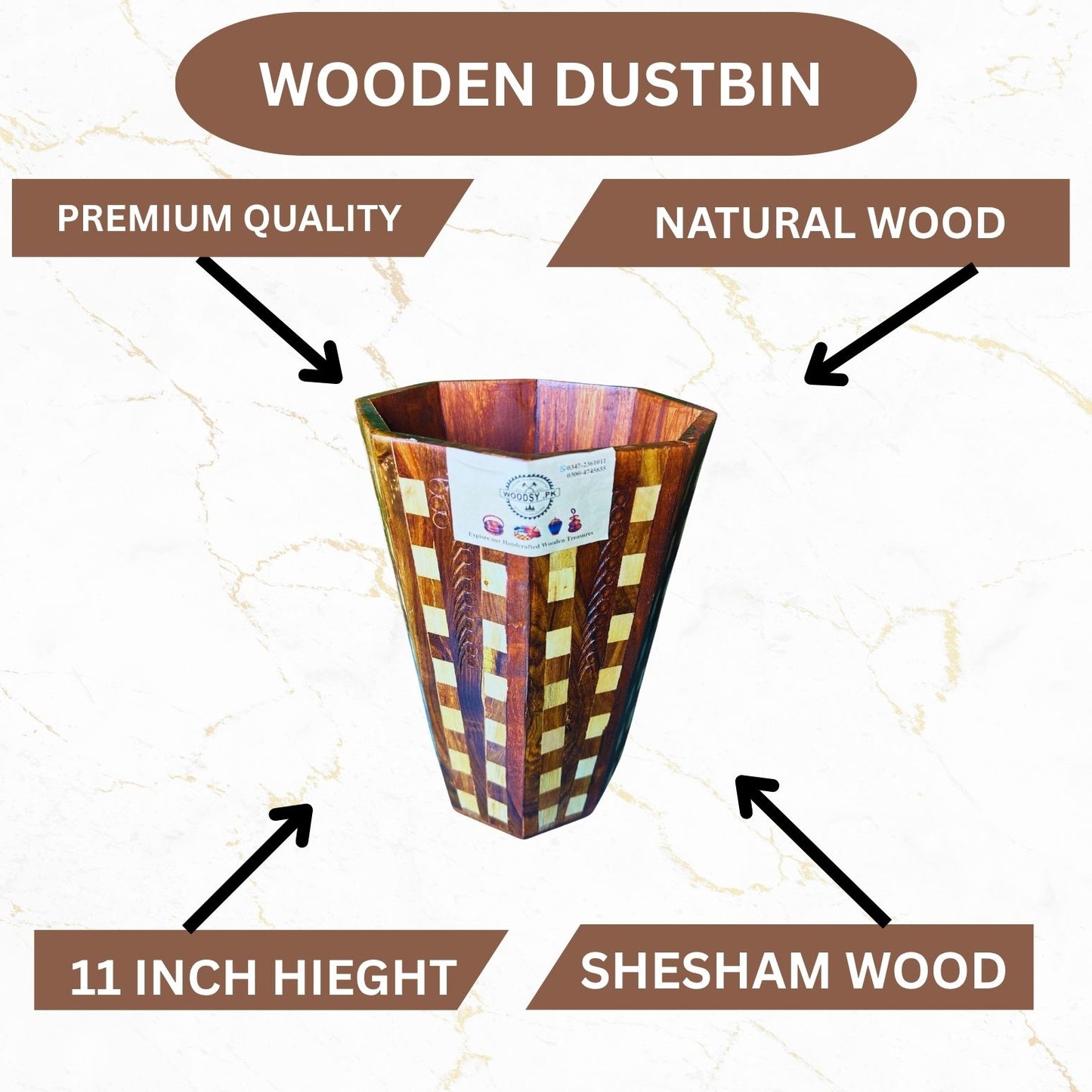 Handcrafted Wooden Dustbin in Tukri Style – Natural Sheesham Wood with Handcarved Detailing | 11” Height