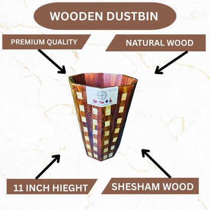 Handcrafted Wooden Dustbin in Tukri Style – Natural Sheesham Wood with Handcarved Detailing | 11” Height