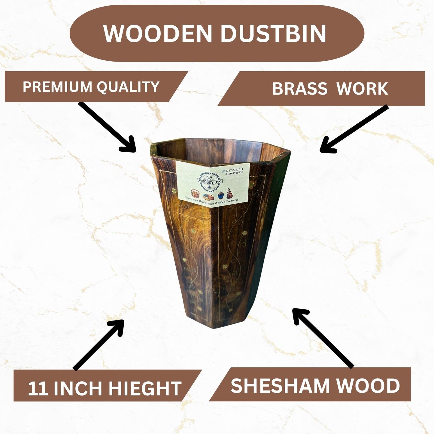 Handcrafted Wooden Dustbin with Premium Brass Work – Pure Sheesham Wood | 11” Height