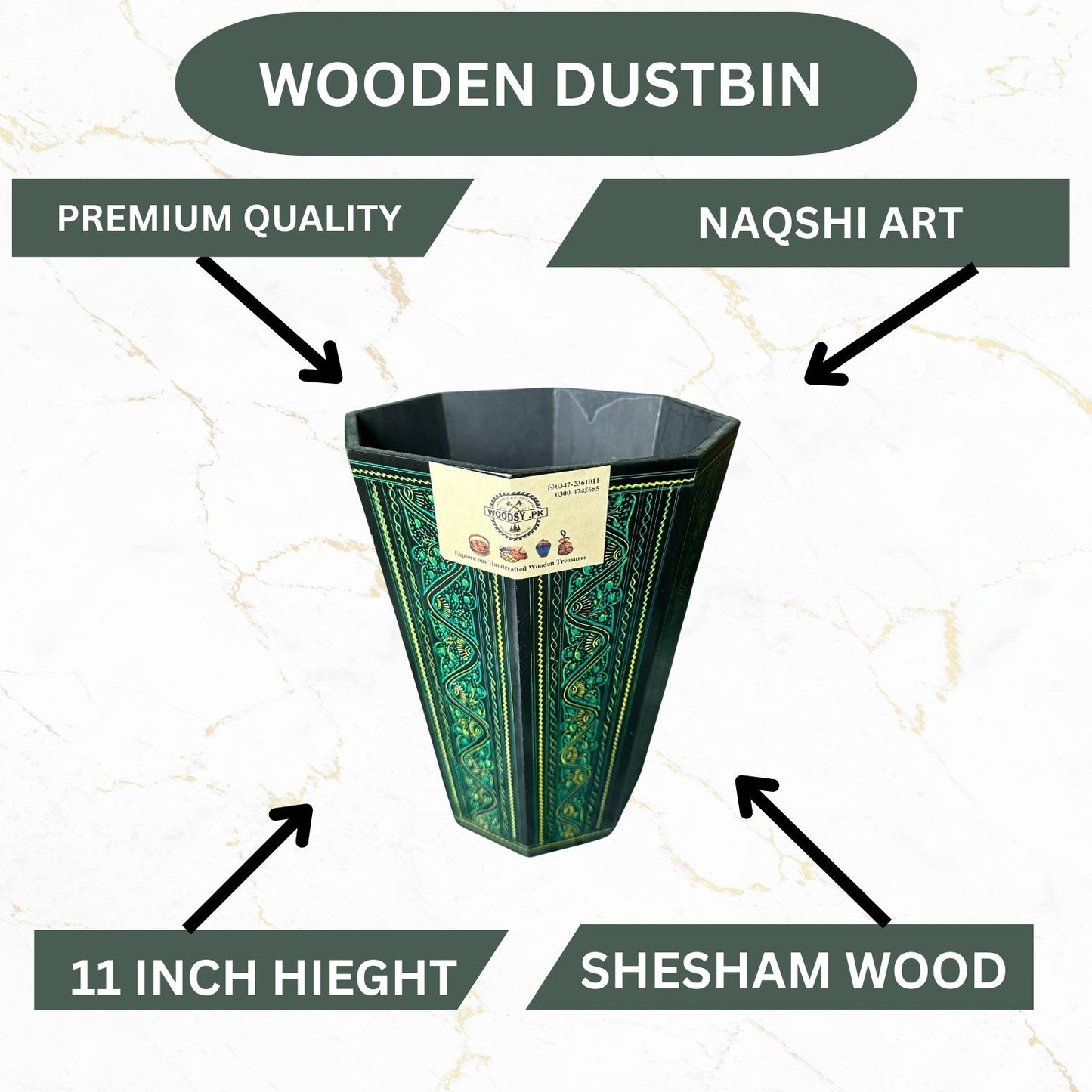 Handcrafted Wooden Dustbin – Green & Black Finish | Pure Sheesham Wood | 11” Height