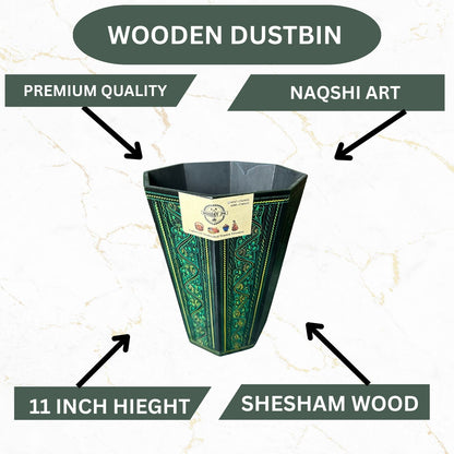 Handcrafted Wooden Dustbin – Green & Black Finish | Pure Sheesham Wood | 11” Height