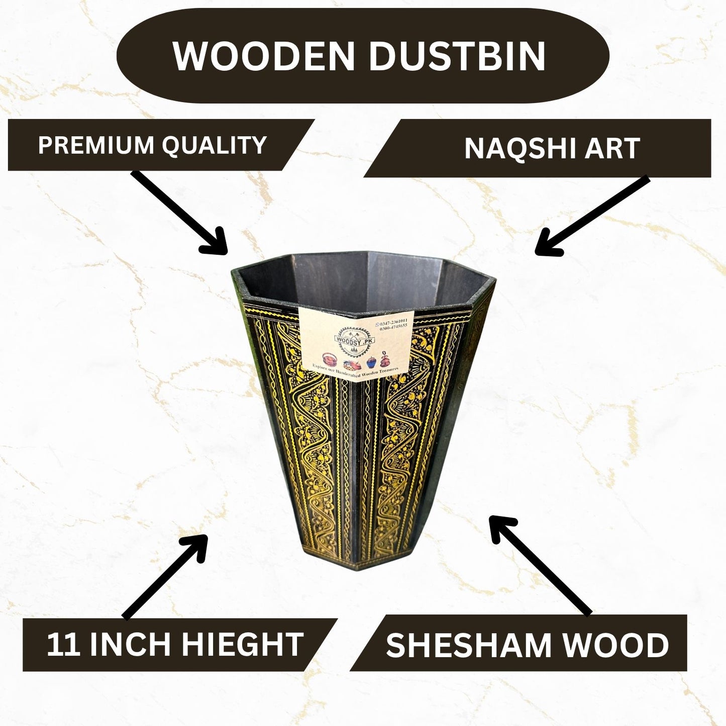 Handcrafted Wooden Dustbin – Yellow & Black Finish | Pure Sheesham Wood | 11” Height
