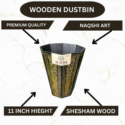 Handcrafted Wooden Dustbin – Yellow & Black Finish | Pure Sheesham Wood | 11” Height