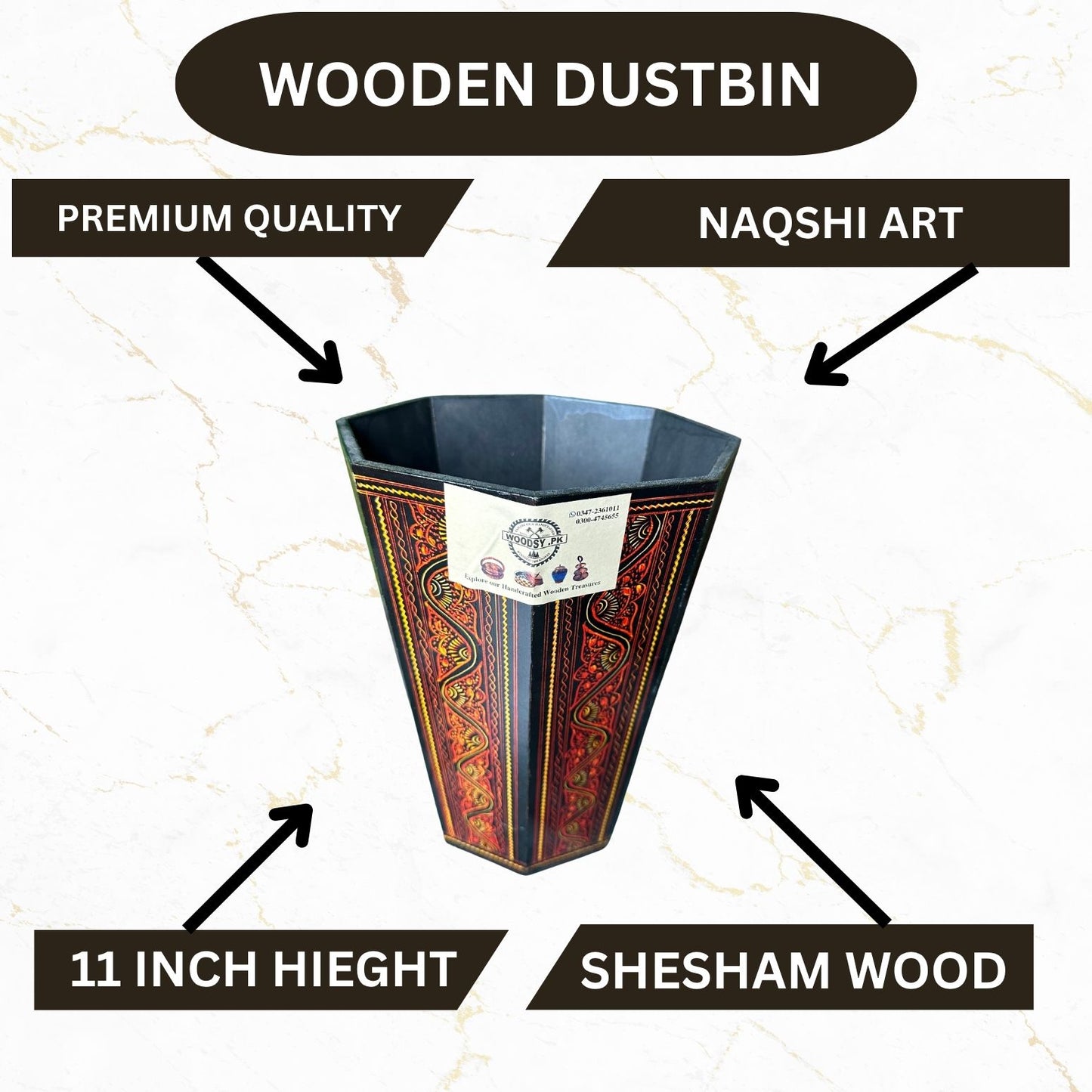 Handcrafted Wooden Dustbin – Red & Black Finish | Pure Sheesham Wood | 11” Height