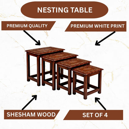 Premium Wooden Nesting Table Set of 4 – White Printed Sheesham Wood