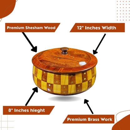 "Handcrafted 12-Inch Tukri Wooden Hotpot (Without Steel) with Brass Detailing"