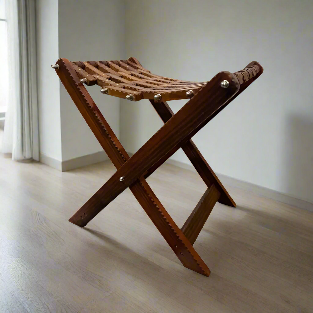 Handmade Wooden Stool, Foldable, with Brass Work – WOODSY