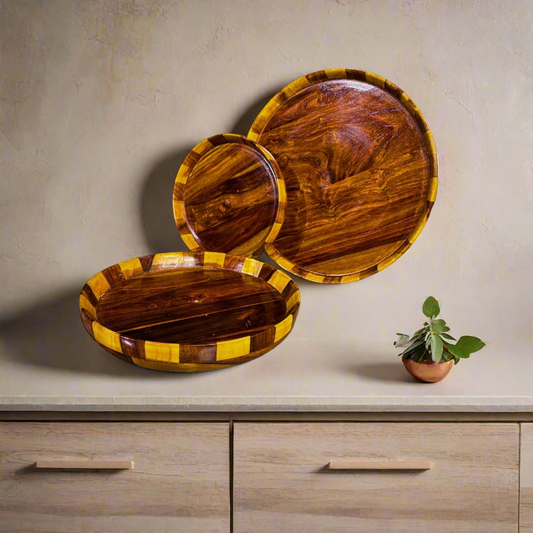 Handmade Wooden Plate – Tukri Design | Sheesham Wood | 12”, 10”, 8”