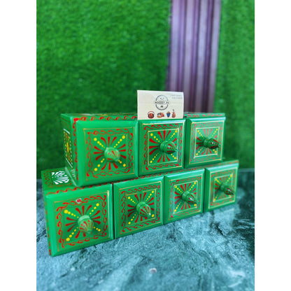 Hand-Painted Green Wooden Spice Box – 7 Portion Truck Art Design | Sheesham Wood Kitchen Organizer