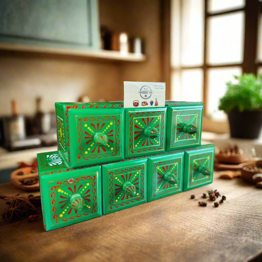 Hand-Painted Green Wooden Spice Box – 7 Portion Truck Art Design | Sheesham Wood Kitchen Organizer