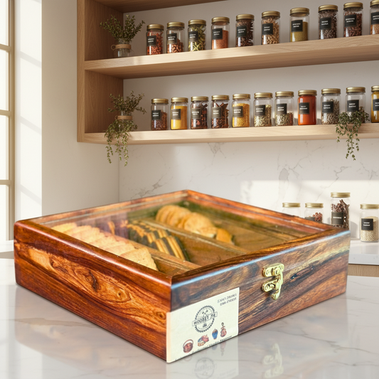 Wooden Storage Box in Pure Sheesham Wood – 3 Portion Biscuit & Spice Box with Spoon & Non-Breakable Glass Lid