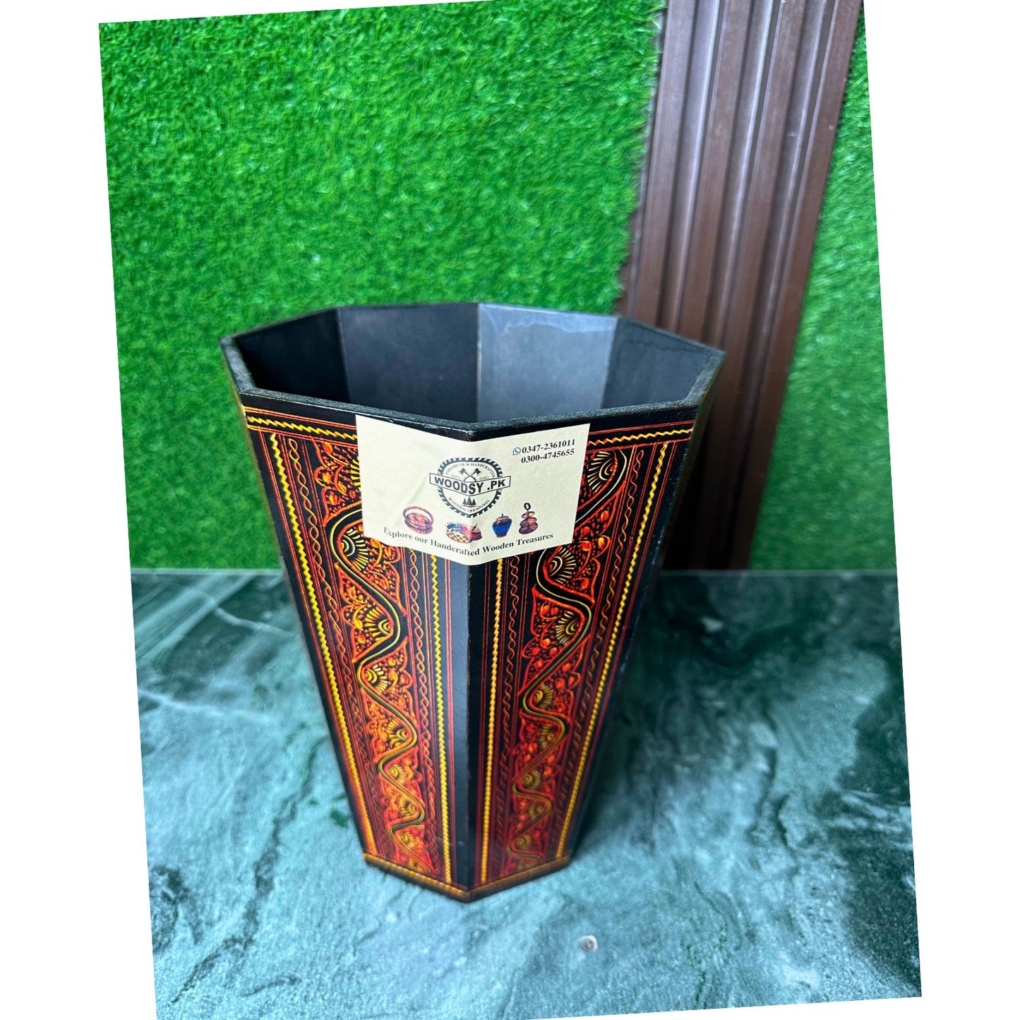 Handcrafted Wooden Dustbin – Red & Black Finish | Pure Sheesham Wood | 11” Height