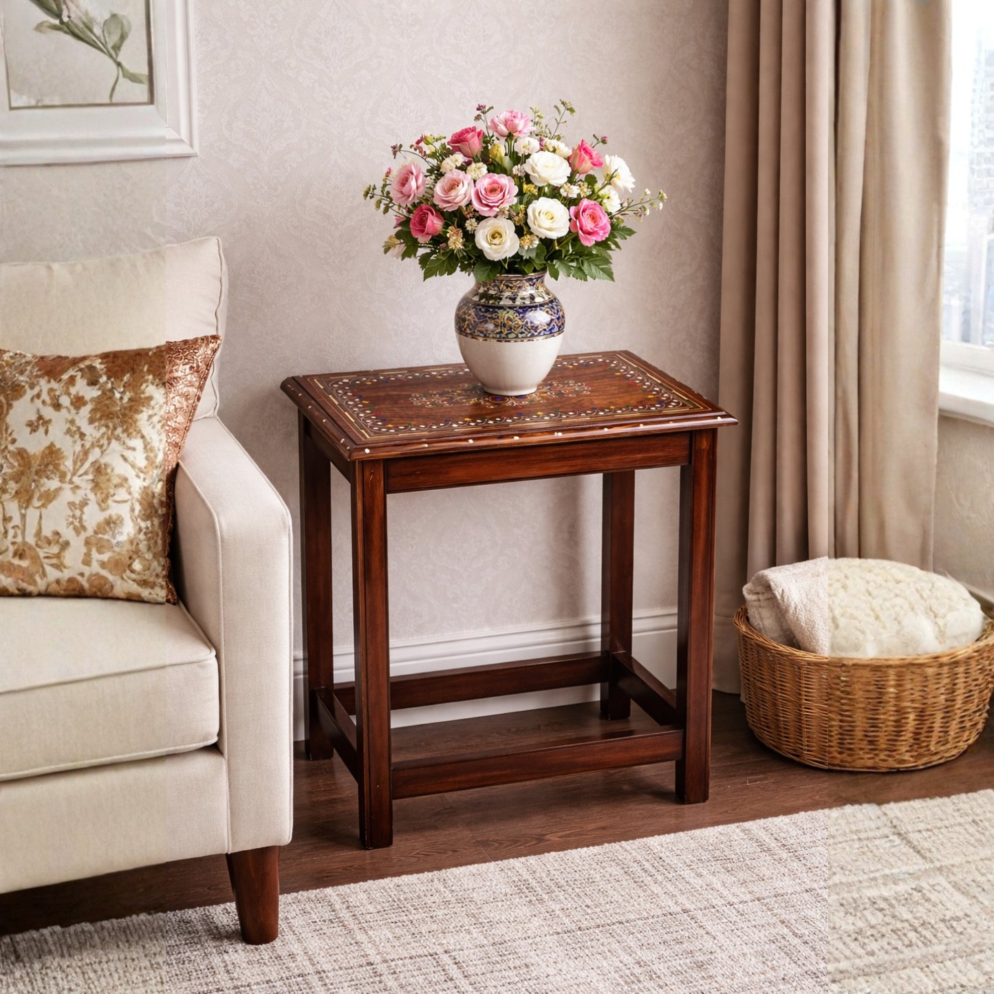 Premium Wooden Nesting Table Set of 4 – White Printed Sheesham Wood