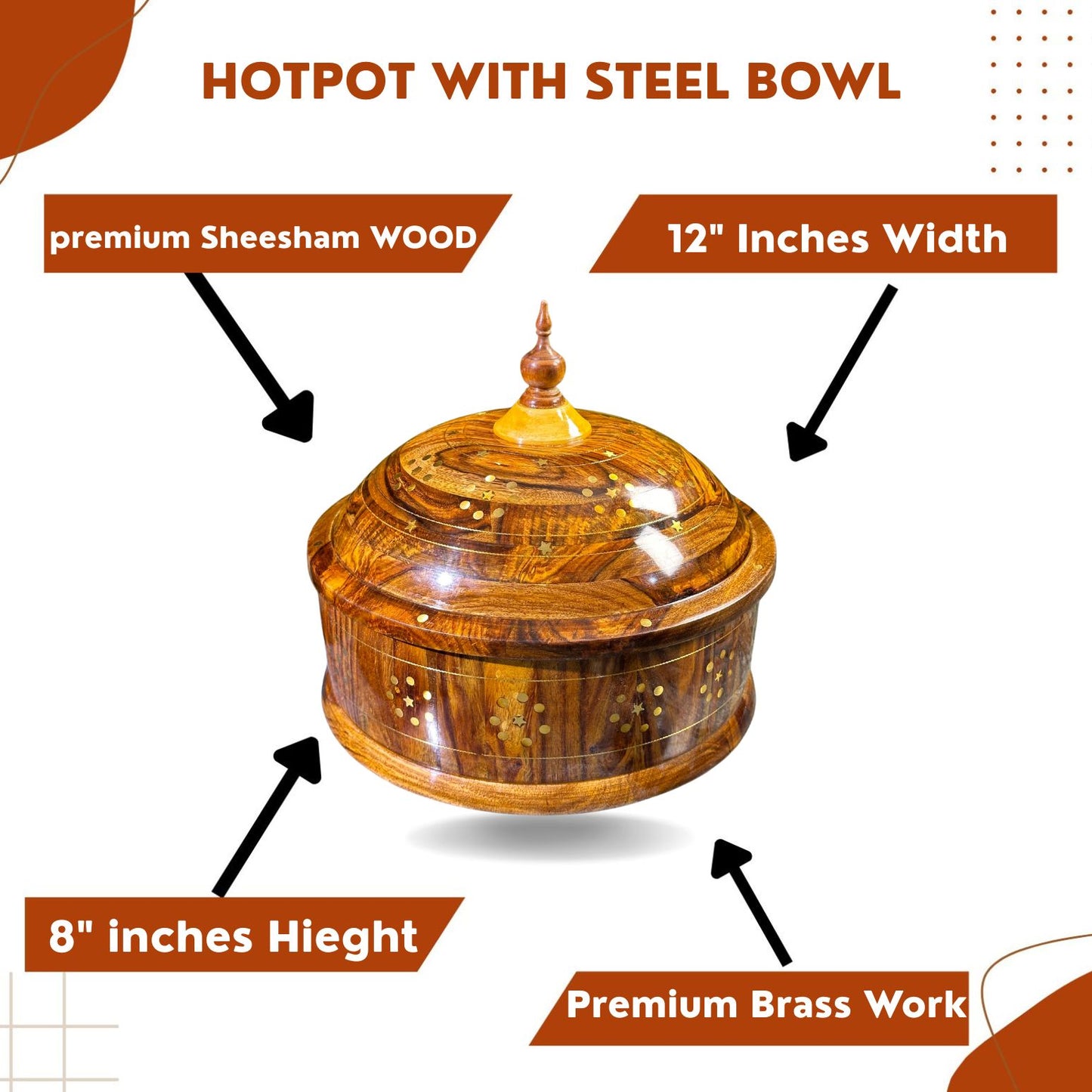 Premium Sheesham Wood Hotpot with Brass Inlay & Stainless Steel Bowl – 12x8"