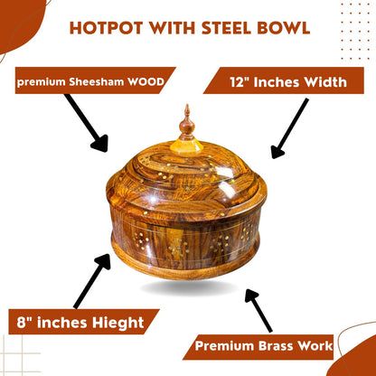 Premium Sheesham Wood Hotpot with Brass Inlay & Stainless Steel Bowl – 12x8"
