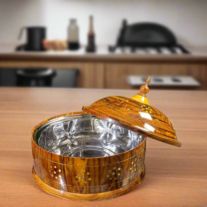 Premium Sheesham Wood Hotpot with Brass Inlay & Stainless Steel Bowl – 12x8"